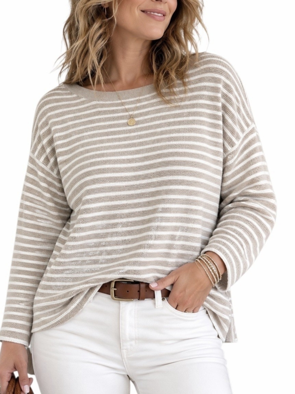 Vineyard Vines Women XL Striped Boxy Knit Sweater Beige Ivory Boat Neck Coastal